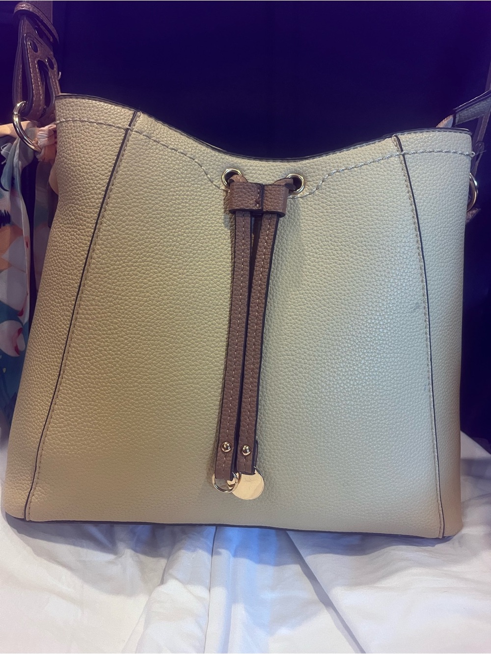 Yellow Pebbled Shoulder Bucket Bag with Tan Trim and Gold Accent